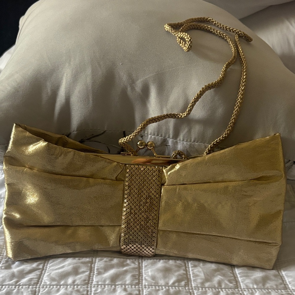 Kate Landry Gold Metallic Bow-Style Clutch with Chain Strap